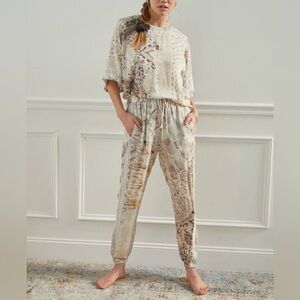 Tiny x Anthropologie Valetta Joggers Cream & Tan Print Gray Racing Stripe Sz S